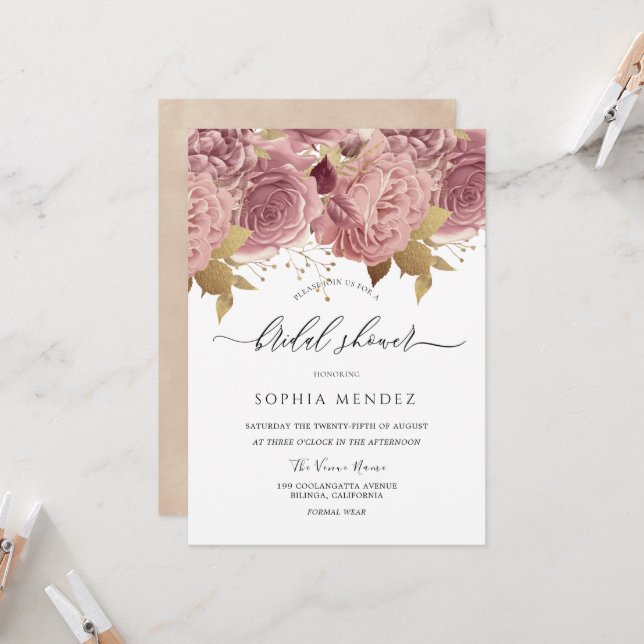 Romantic Dusty Roses Blush Bridal Shower Invitation (Front/Back In Situ)