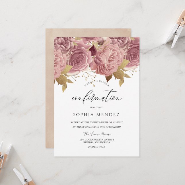 Romantic Dusty Roses Blush Flowers Confirmation Invitation (Front/Back In Situ)
