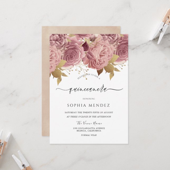 Romantic Dusty Roses Blush Quinceanera Party Invitation (Front/Back In Situ)