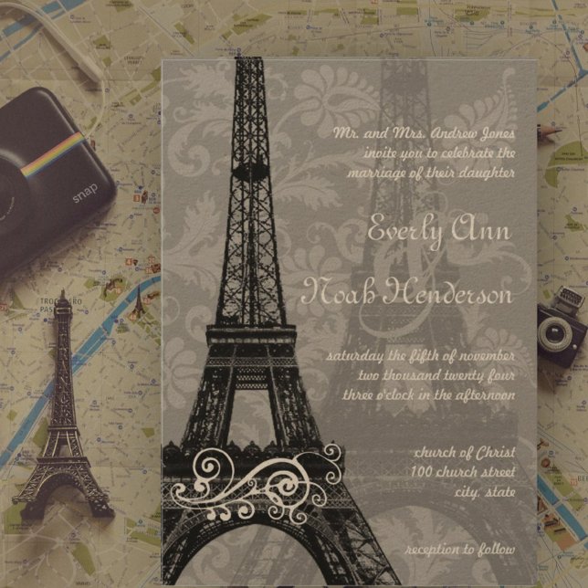 Romantic Eiffel Tower Damask Wedding Invitation (Creator Uploaded)