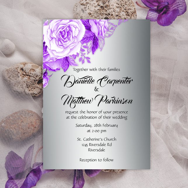 Romantic Elegance Silver and Purple Roses Wedding Invitation (Creator Uploaded)