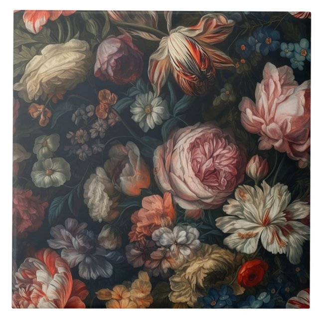 Romantic Elegant Baroque Flowers Oil Painting Ceramic Tile (Front)