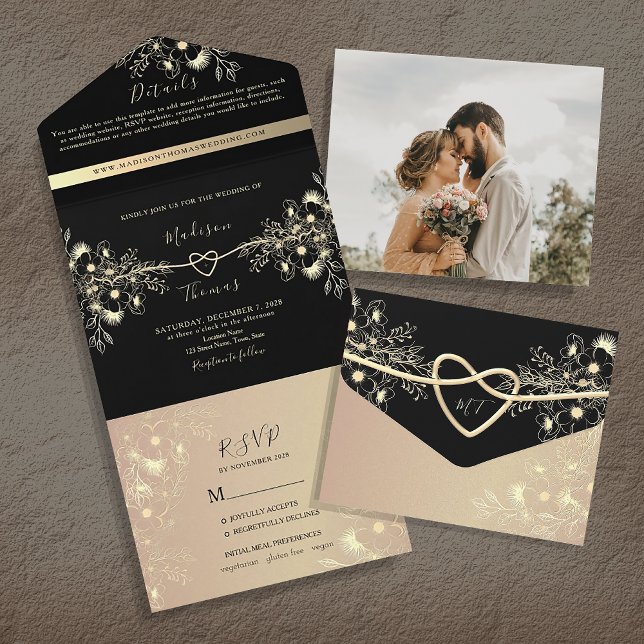 Romantic Elegant Black and Gold Wedding All In One Invitation (Creator Uploaded)