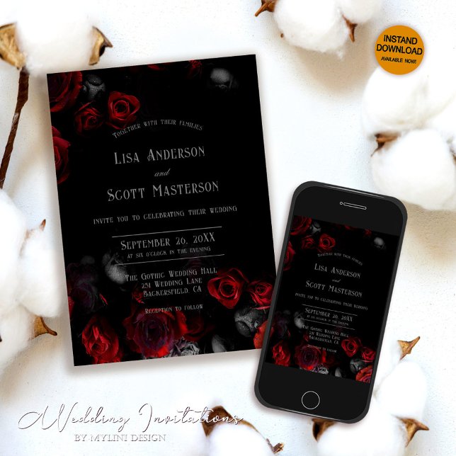 Romantic Elegant Black Red Floral Wedding Invitation (Creator Uploaded)