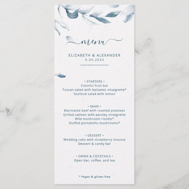 Romantic elegant blue watercolor simple wedding menu (Front)