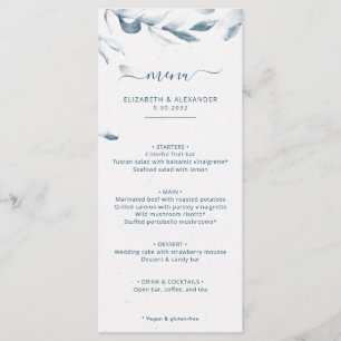 Romantic elegant blue watercolor simple wedding menu