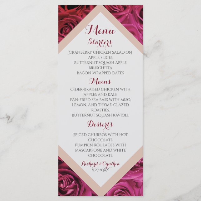 Romantic Elegant Blush Pink Roses Wedding Menu (Front)