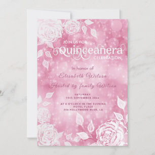 Romantic elegant bokeh White roses Quinceañera Invitation