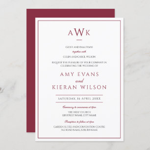 Romantic Elegant Burgundy Classic Monogram Wedding Invitation