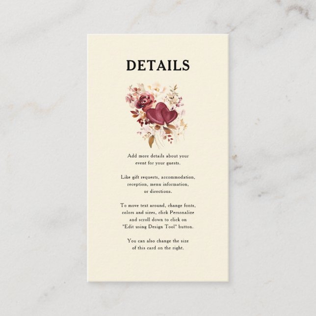 Romantic Elegant Burgundy &Cream Hearts & Flowers Enclosure Card (Front)