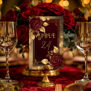 Romantic Elegant Burgundy Red Rose & Gold Wedding Table Number