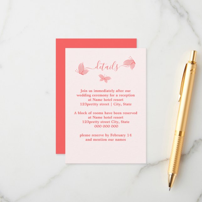 Romantic elegant coral pink butterflies wedding enclosure card (Front/Back In Situ)