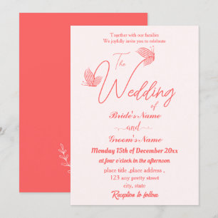 Romantic elegant coral pink butterflies wedding invitation