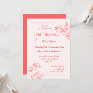 Romantic elegant coral pink floral birthday invitation