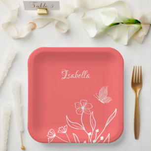 Romantic elegant coral pink floral paper plate