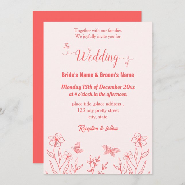 Romantic elegant coral pink floral wedding invitation (Front/Back)