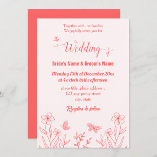 Romantic elegant coral pink floral wedding invitation