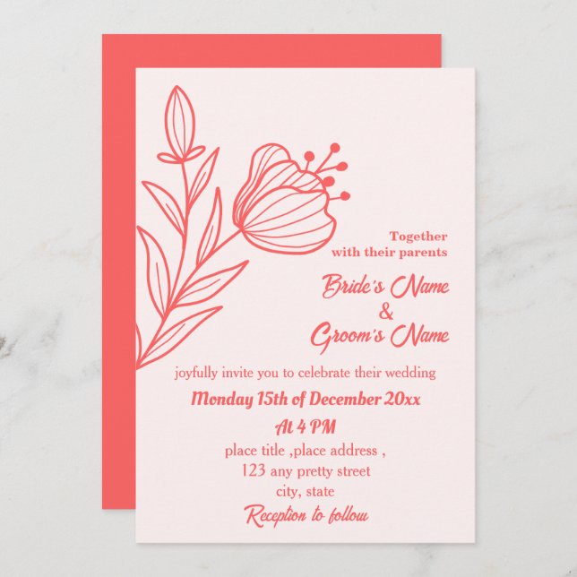 Romantic elegant coral pink floral wedding invitation (Front/Back)