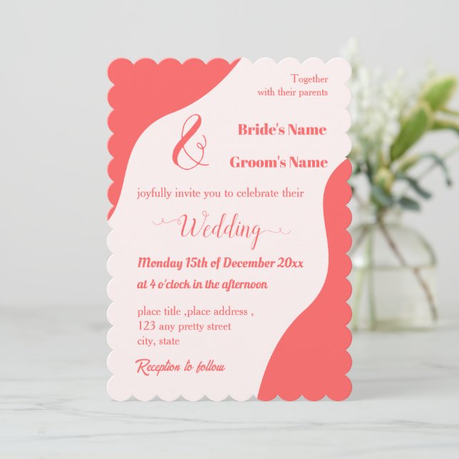 Romantic elegant coral pink wedding invitation (Standing Front)