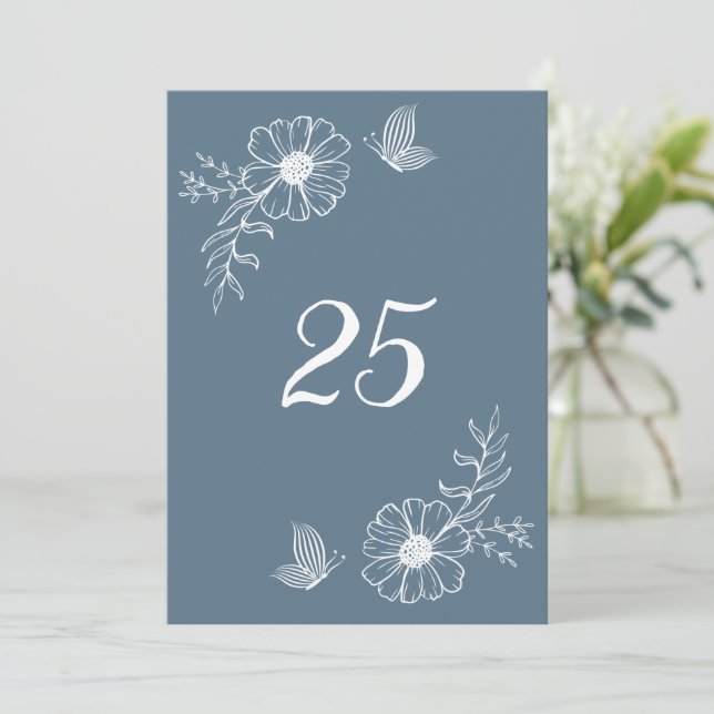 Romantic elegant dusty blue floral table number (Standing Front)