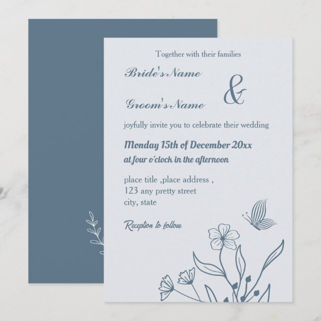 Romantic elegant dusty blue floral wedding invitation (Front/Back)