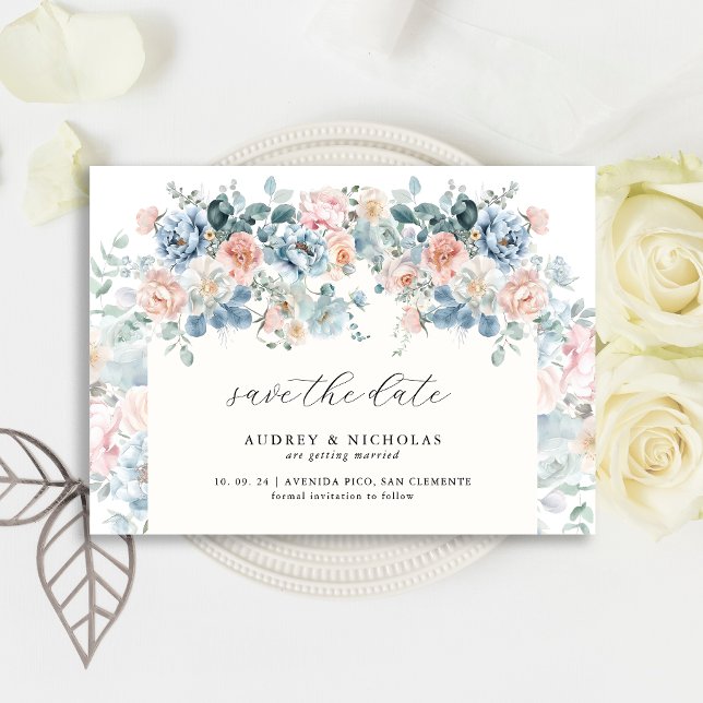 Romantic Elegant Dusty Blue Peach Florals Wedding Save The Date (Creator Uploaded)