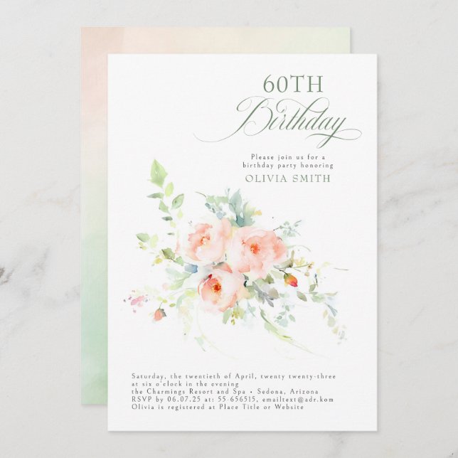 Romantic Elegant Floral Pink Birthday Party Invitation (Front/Back)
