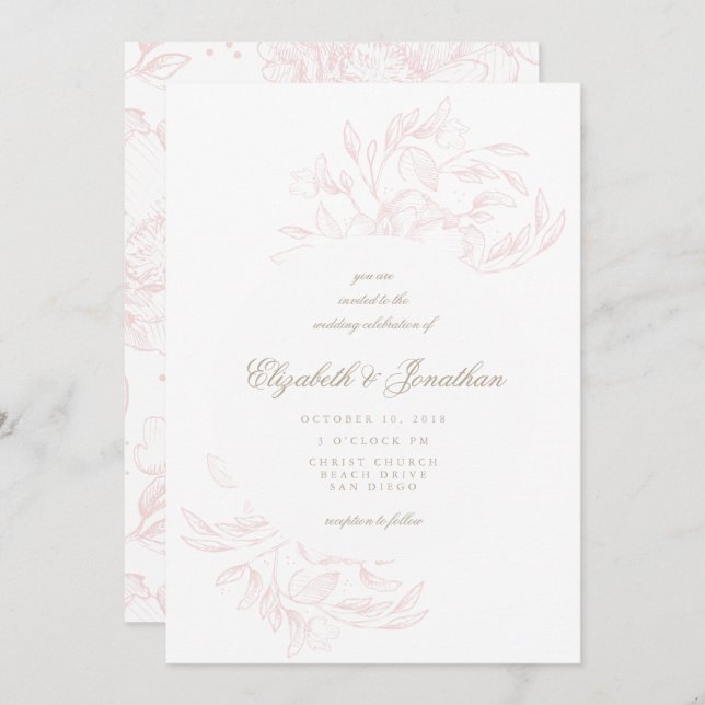 Romantic Elegant Floral Sketch Wedding Invitation (Front/Back)