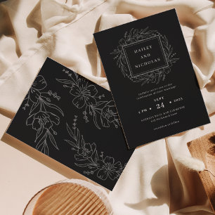 Romantic Elegant Floral Wreath Black Wedding Invitation