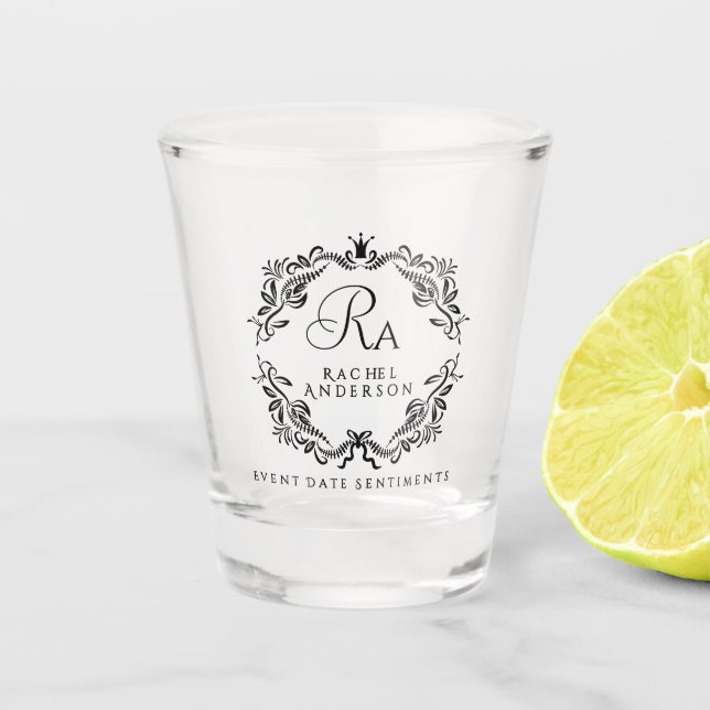  Romantic Elegant Foliage Monogram Shot Glass (Front)