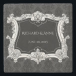 Romantic,Elegant French Framed Stone Coaster<br><div class="desc">An elegant, romantic, ornate goth,  grey and black damask design with an elaborate French frame. Personalise with the bride and groom's name and the date.</div>