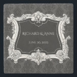 Romantic,Elegant French Framed Stone Coaster<br><div class="desc">An elegant, romantic, ornate goth,  grey and black damask design with an elaborate French frame. Personalise with the bride and groom's name and the date.</div>