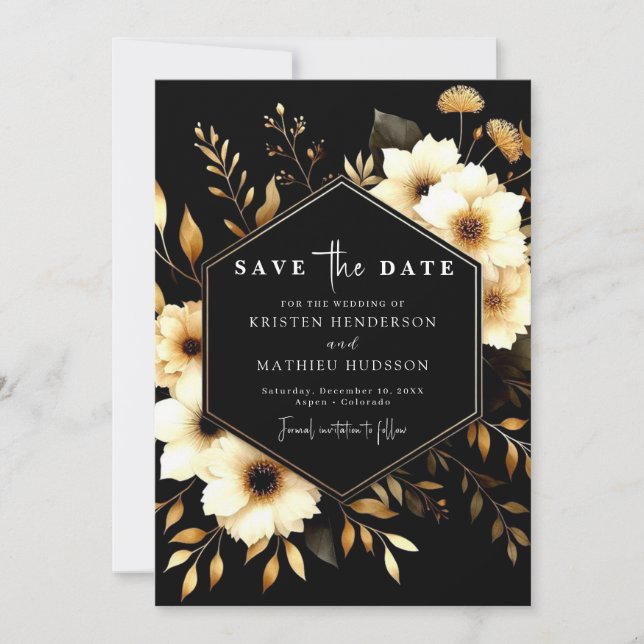 Romantic Elegant Gold and Black Wedding Save The Date (Front)