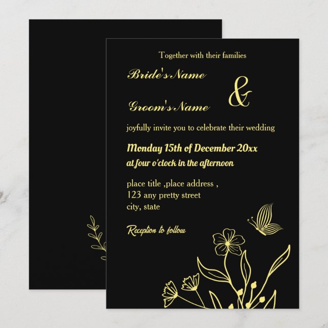 Romantic elegant gold butterflies black invitation (Front/Back)