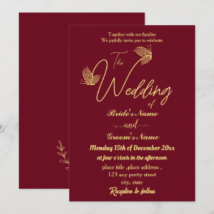 Romantic elegant gold butterflies burgundy invitation