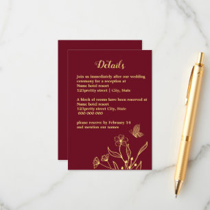 Romantic elegant gold butterflies burgundy wedding enclosure card