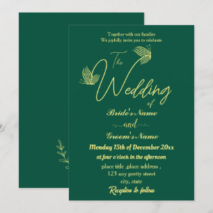 Romantic elegant gold butterflies emerald green invitation
