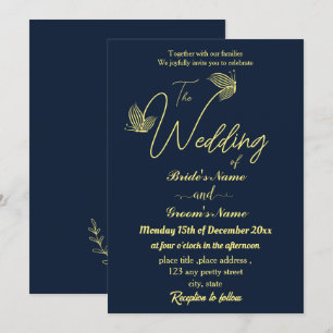 Romantic elegant gold butterflies navy invitation