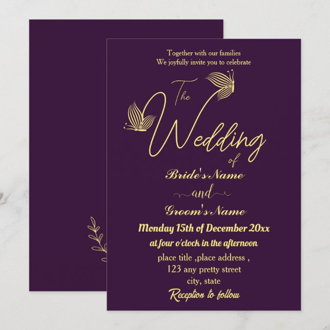 Romantic elegant gold butterflies purple invitation (Front/Back)
