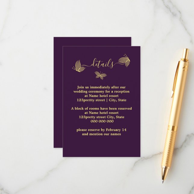 Romantic elegant gold butterflies purple wedding enclosure card (Front/Back In Situ)