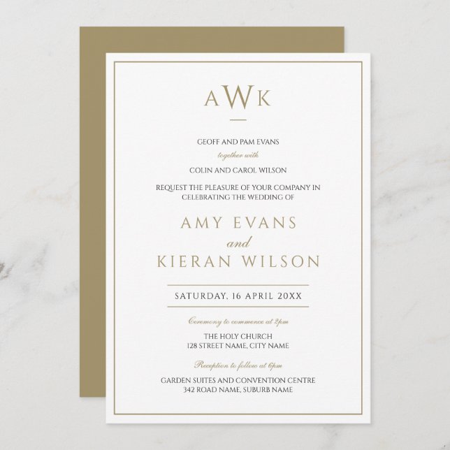 Romantic Elegant Gold Classic Monogram Wedding Invitation (Front/Back)