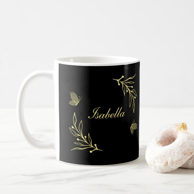Romantic elegant gold floral black  coffee mug (With Donut)