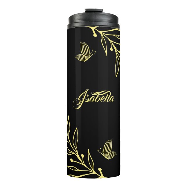 Romantic elegant gold floral black  thermal tumbler (Front)