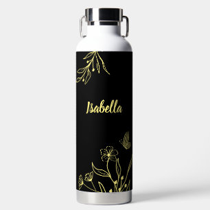 Romantic elegant gold floral black  water bottle