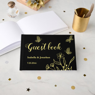 Romantic elegant gold floral black wedding guest book