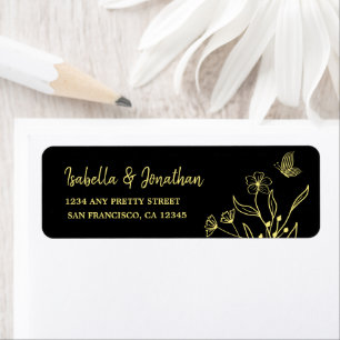 Romantic elegant gold floral black wedding return address label