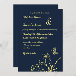 Romantic elegant gold flower & a butterfly navy invitation