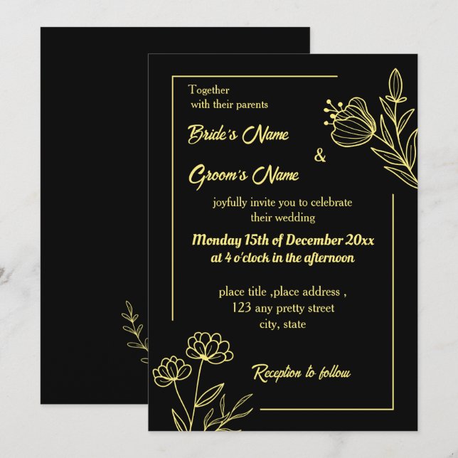 Romantic elegant gold flower black invitation (Front/Back)