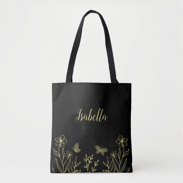 Romantic elegant gold flower black  tote bag (Front)