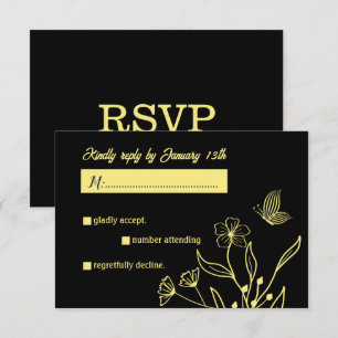 Romantic elegant gold flower black wedding RSVP card